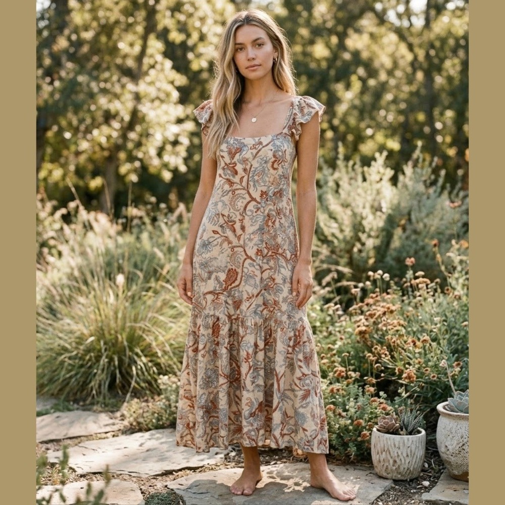 House of Harlow 1960 Womens XL Maxi Dress Paisley Ruffle Sleeve Boho Summer Chic